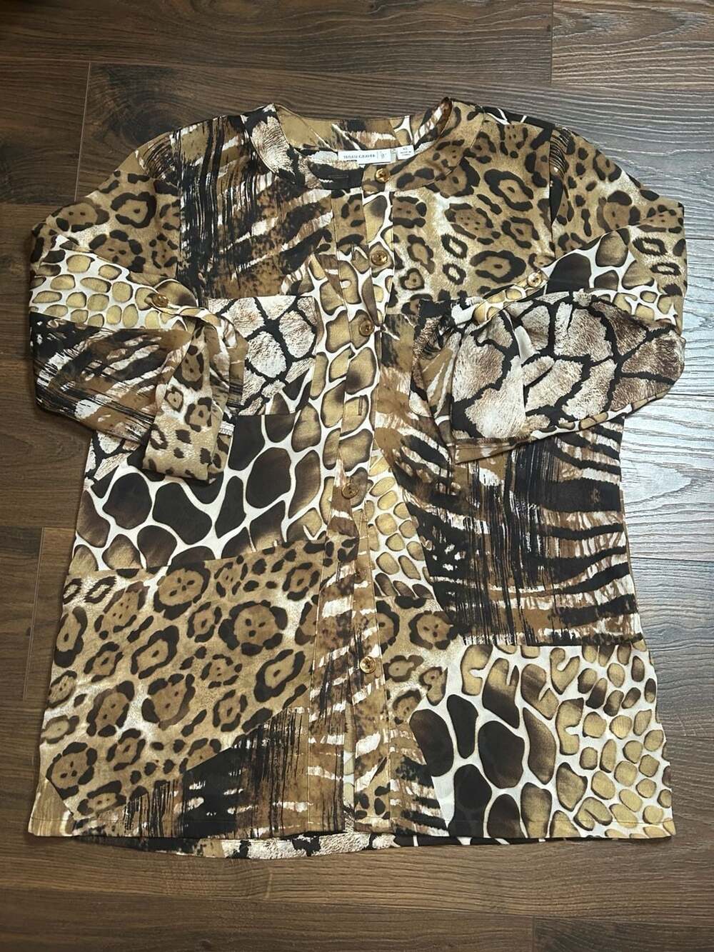 Susan Graver Women's Mixed Animal Print Button-Front Roll-Tab Sleeve Blouse